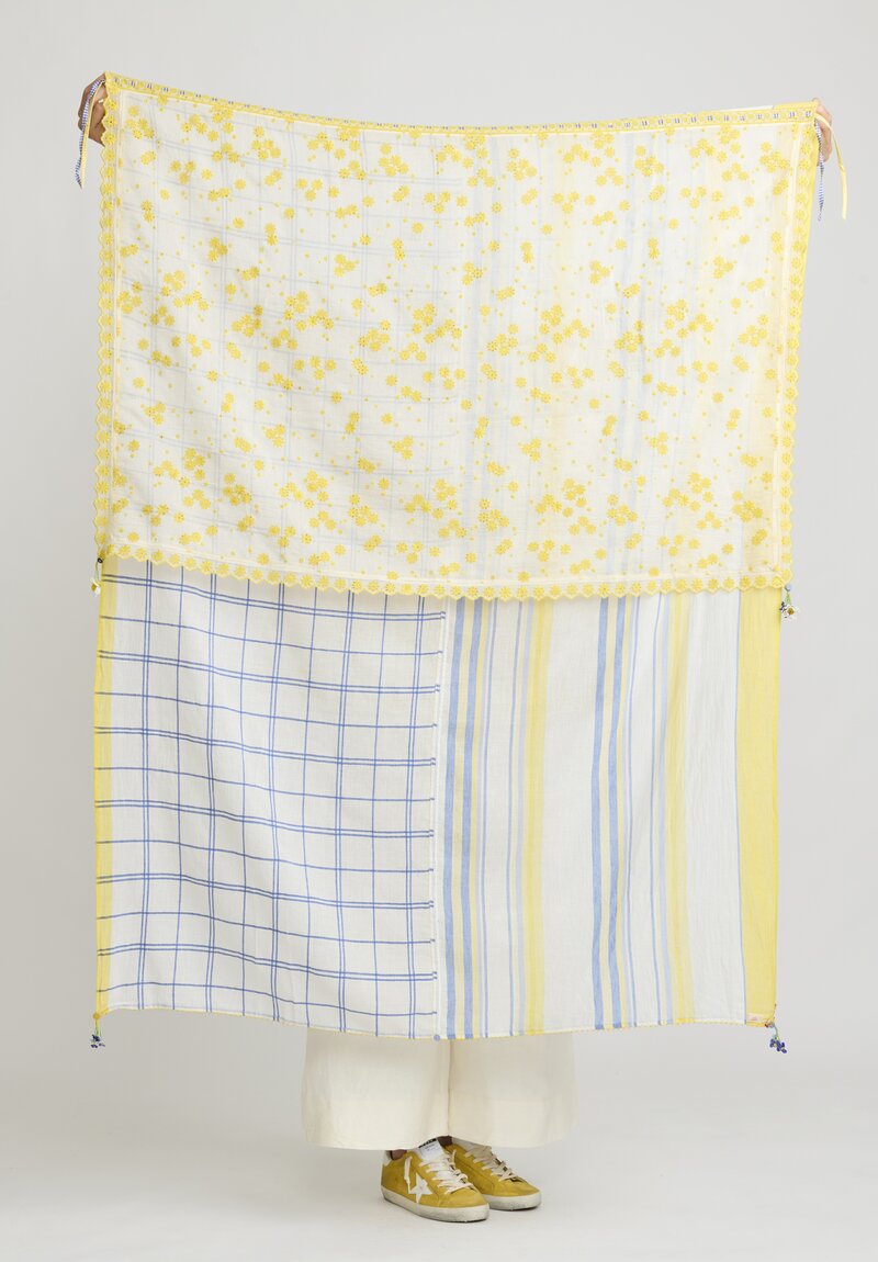 Péro Large Patchwork Embroidered Scarf in Ivory, Blue and Yellow	