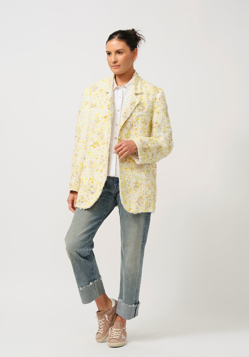 Péro Linen Hand Beaded & Embroidered Flower Jacket in Ivory & Yellow