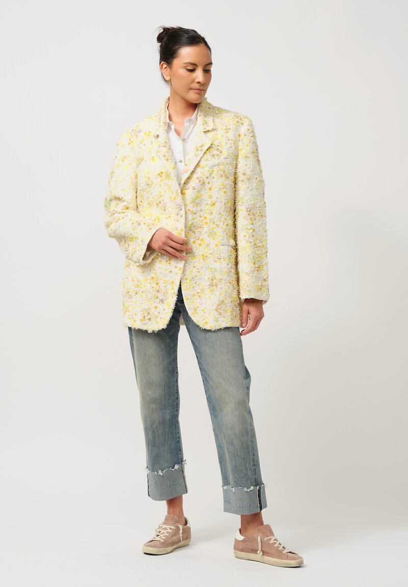 Péro Linen Hand Beaded & Embroidered Flower Jacket in Ivory & Yellow