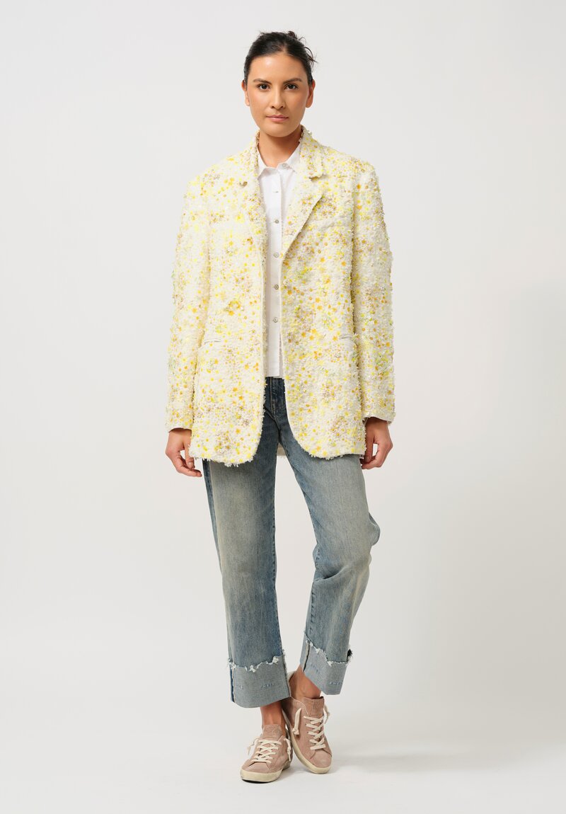 Péro Linen Hand Beaded & Embroidered Flower Jacket in Ivory & Yellow