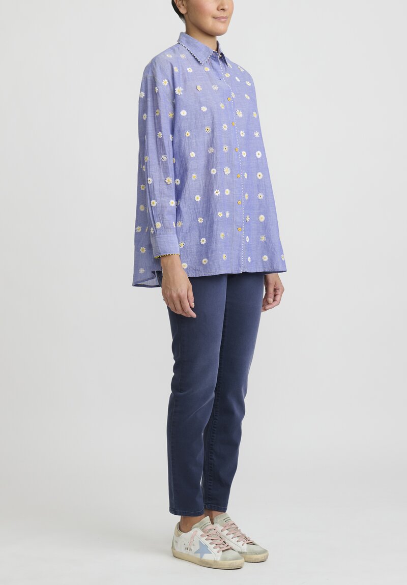 Péro Cotton Hand Beaded and Embroidered Daisy Shirt in Blue Chambray	