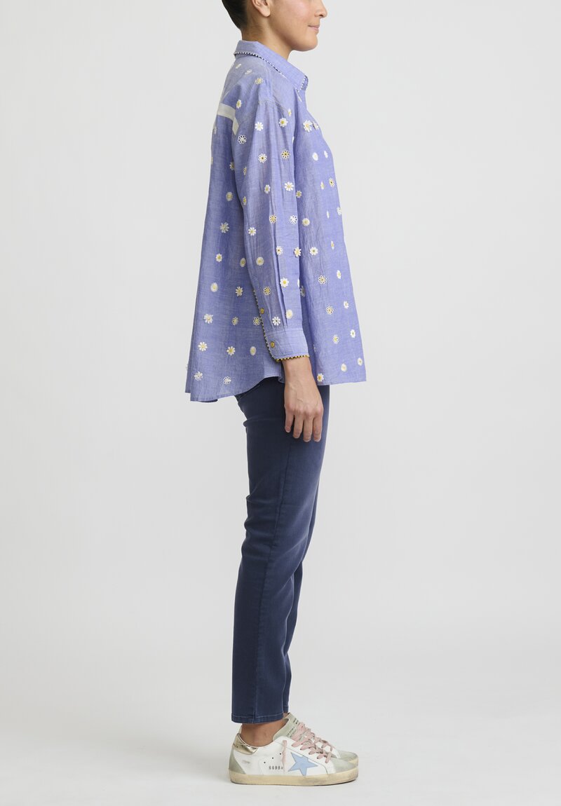 Péro Cotton Hand Beaded and Embroidered Daisy Shirt in Blue Chambray	