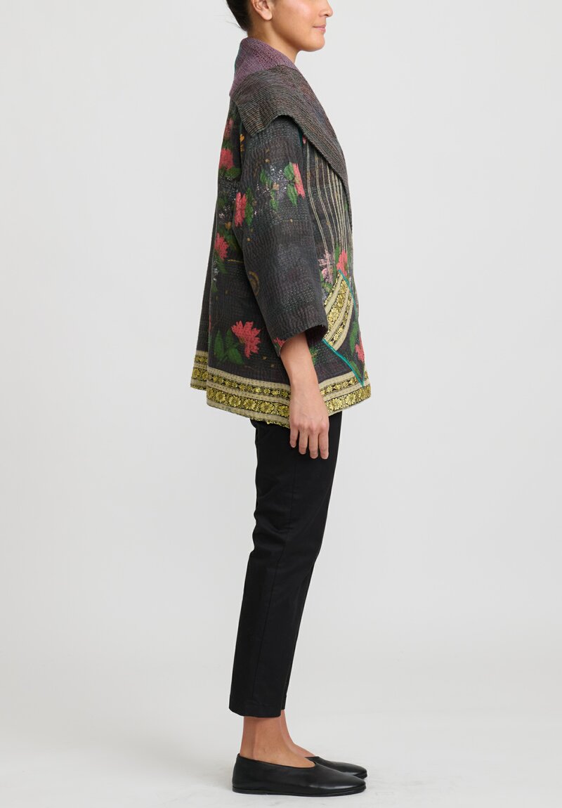 Mieko Mintz 4-Layer Vintage Cotton Short Flare Jacket in Black and Green	