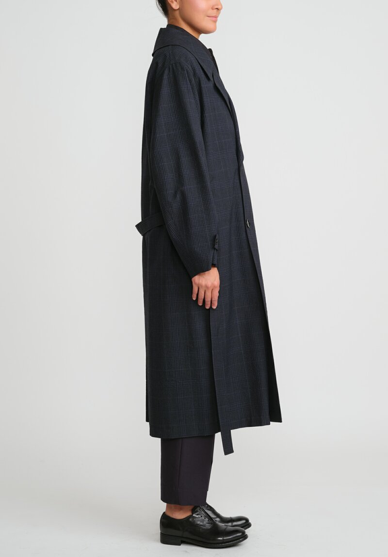 Lemaire Wool Double Breasted Overcoat in Black & Grey Plaid