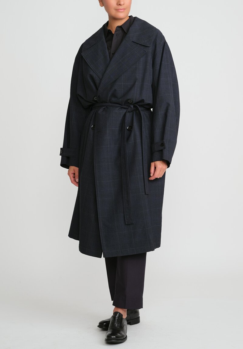Lemaire Wool Double Breasted Overcoat in Black & Grey Plaid