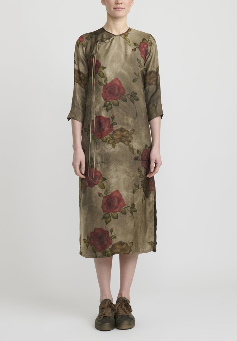 Uma Wang "Moulay Agina" Floral Print Dress in Army Green & Red	