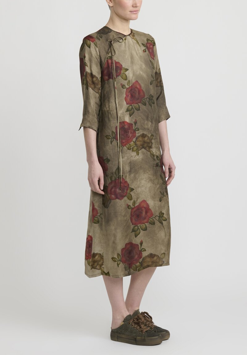 Uma Wang "Moulay Agina" Floral Print Dress in Army Green & Red	