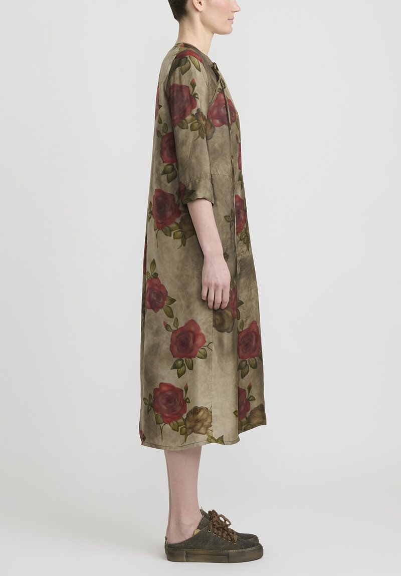Uma Wang "Moulay Agina" Floral Print Dress in Army Green & Red	