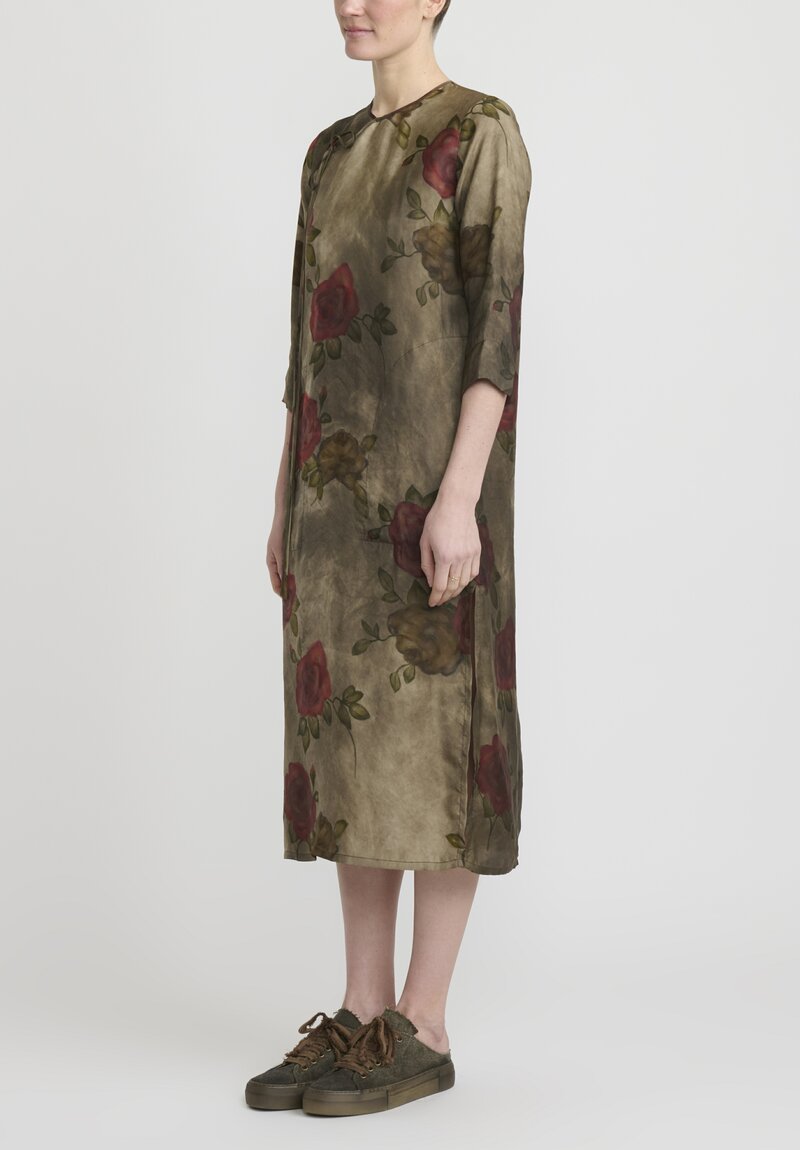 Uma Wang "Moulay Agina" Floral Print Dress in Army Green & Red	