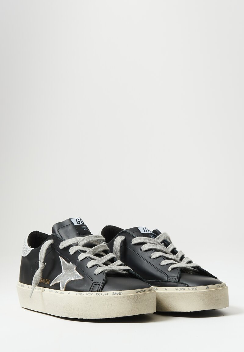 Golden Goose Leather Hi Star Sneaker with Silver Star in Black	