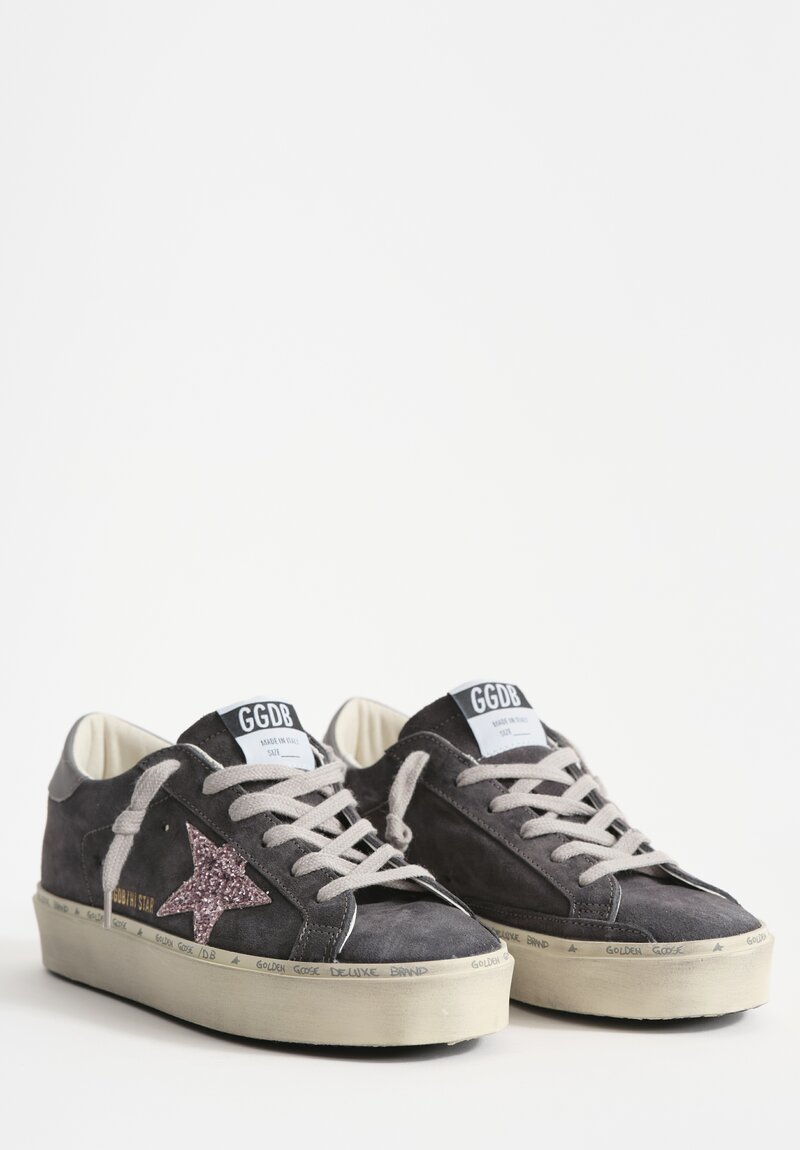 Golden Goose Hi Star Suede Sneaker in Asphalt Grey & Glitter Pink Star	