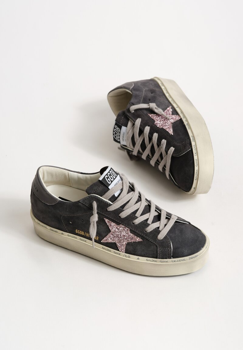 Golden Goose Hi Star Suede Sneaker in Asphalt Grey & Glitter Pink Star	
