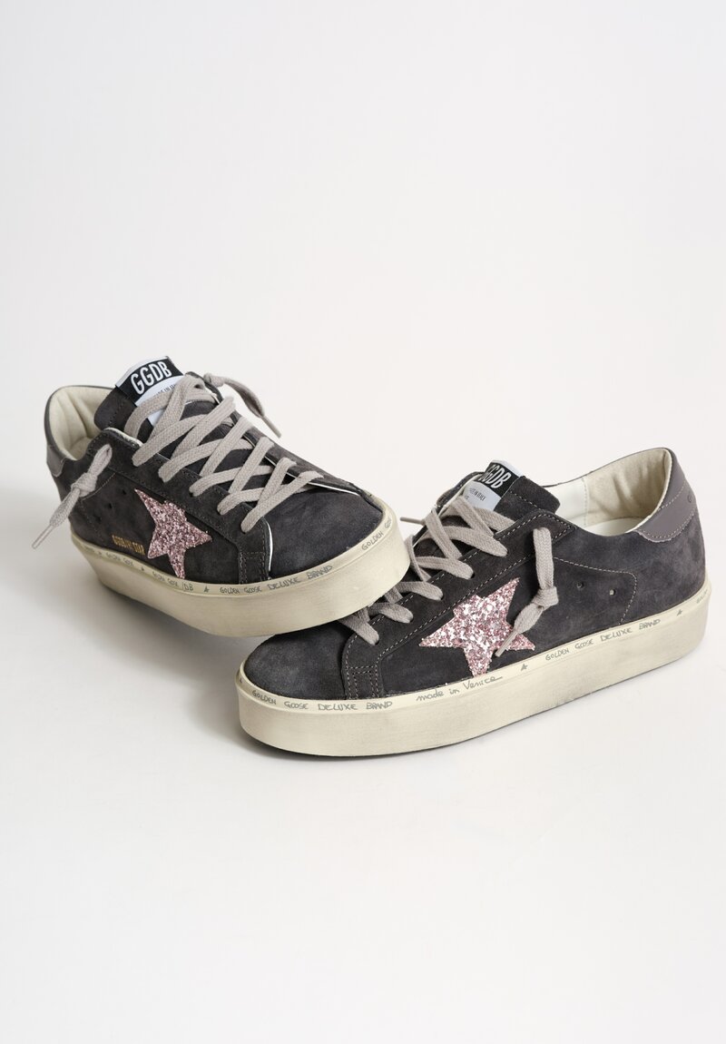 Golden Goose Hi Star Suede Sneaker in Asphalt Grey & Glitter Pink Star	