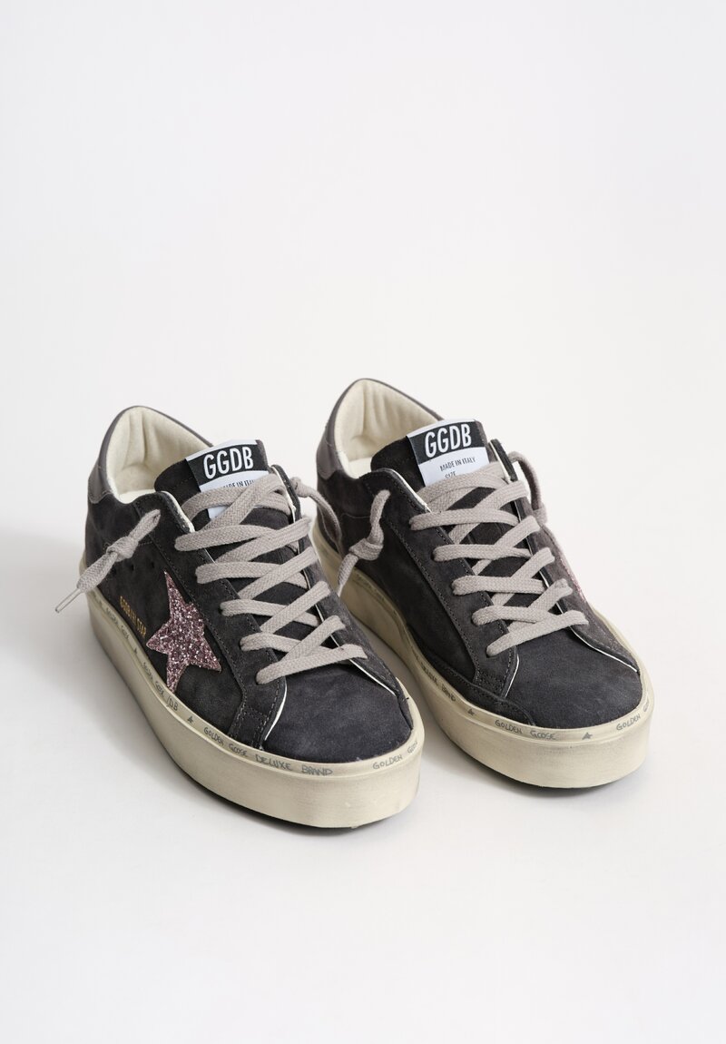 Golden Goose Hi Star Suede Sneaker in Asphalt Grey & Glitter Pink Star	