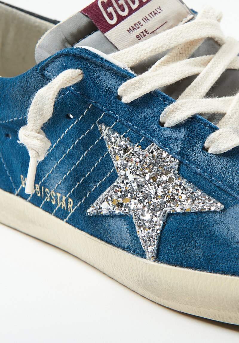 Golden Goose Suede Super Star Sneaker with Glitter Star in Blue Grey Silver Black