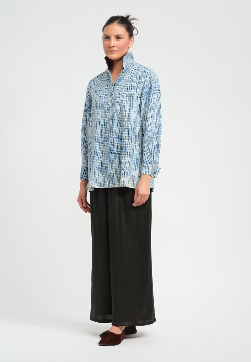 Sophie Hong Raw Silk Long Sleeve Shibori Shirt in Indigo Blue