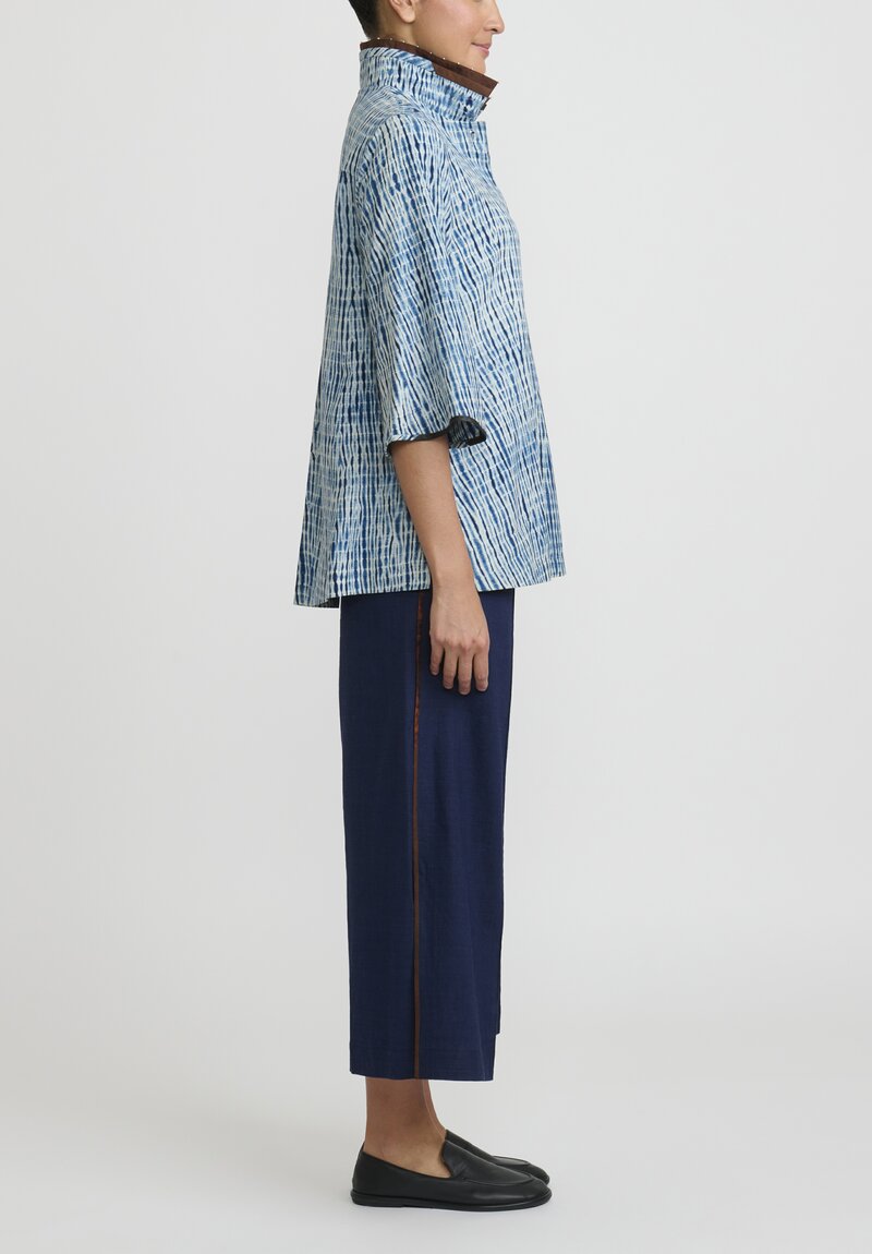 Sophie Hong Raw Silk Short Shibori Shirt in Indigo Blue