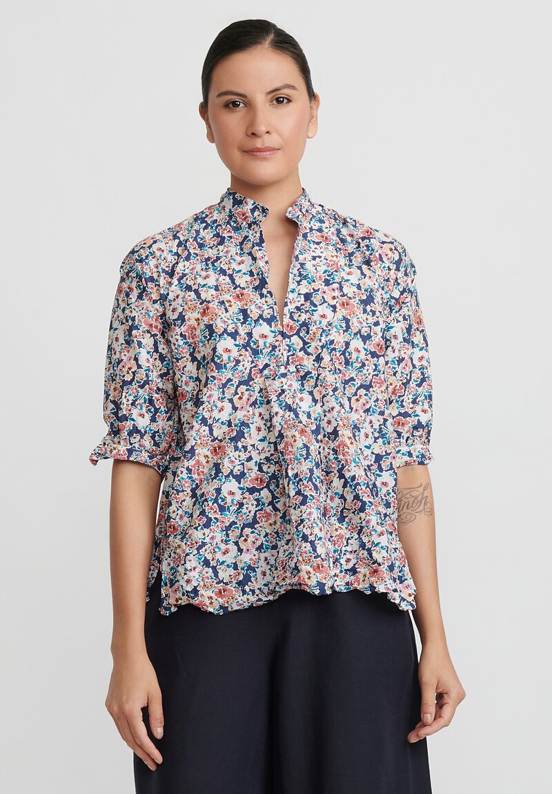 Daniela Gregis Washed Cotton ''Camicia'' Kora Top in Blue, Turquoise and Peach	