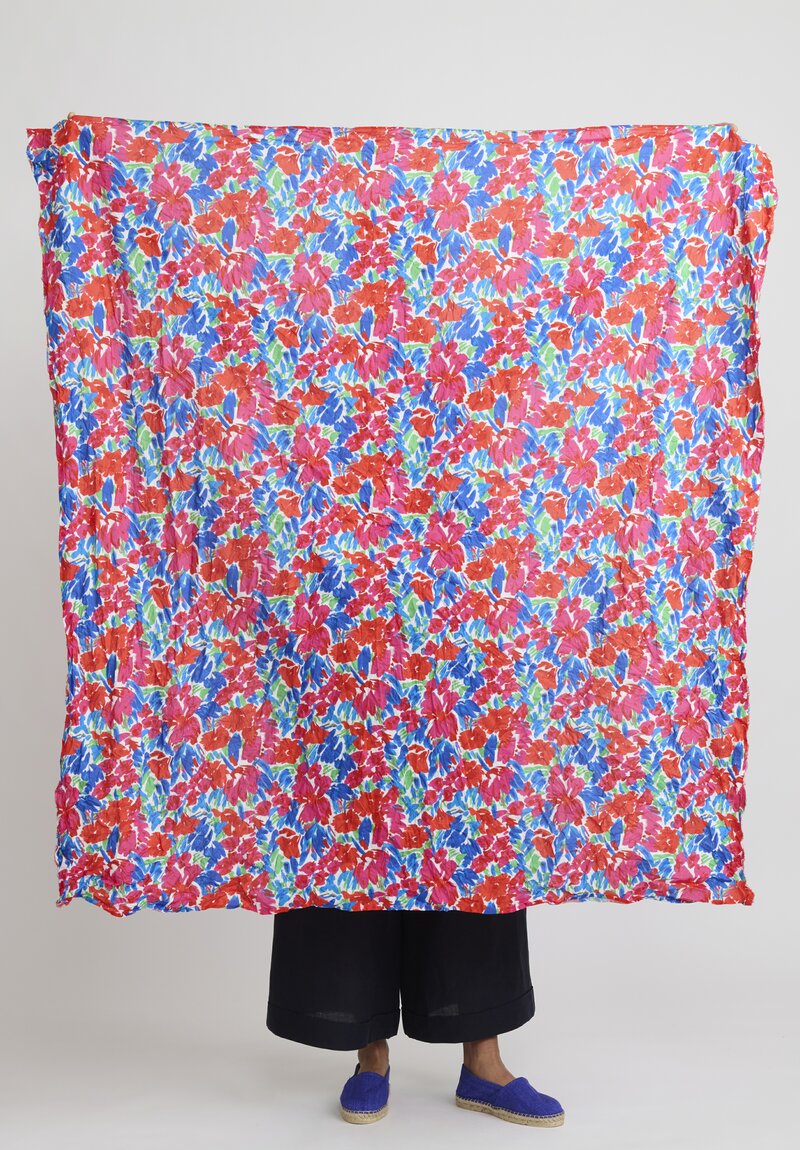 Daniela Gregis Washed Cotton Floral Scialle Scarf in White, Red & Blue	