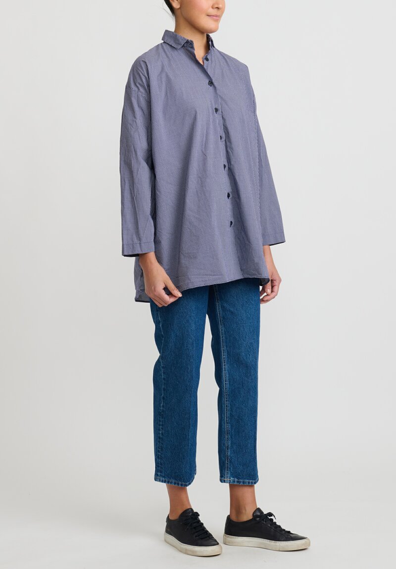 Bergfabel Washed Cotton Poplin Overshirt in Navy Blue Check	