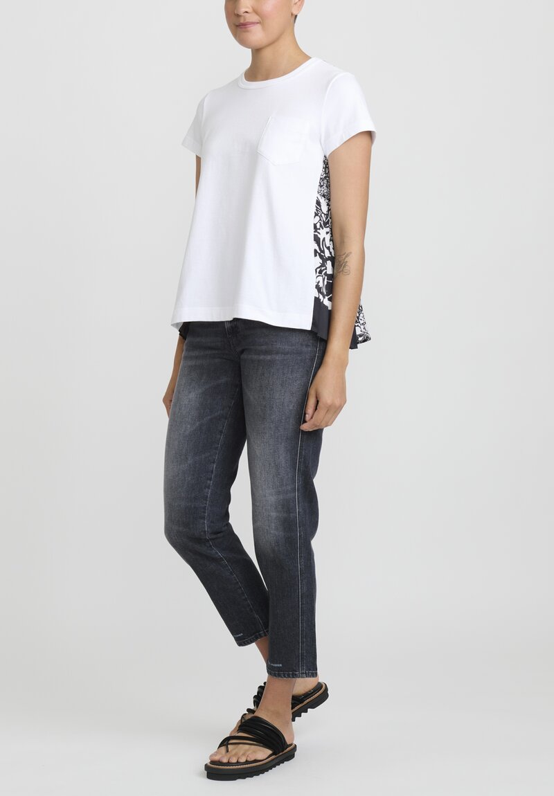 Sacai Floral Pleated Back Cotton T-Shirt in Black and White