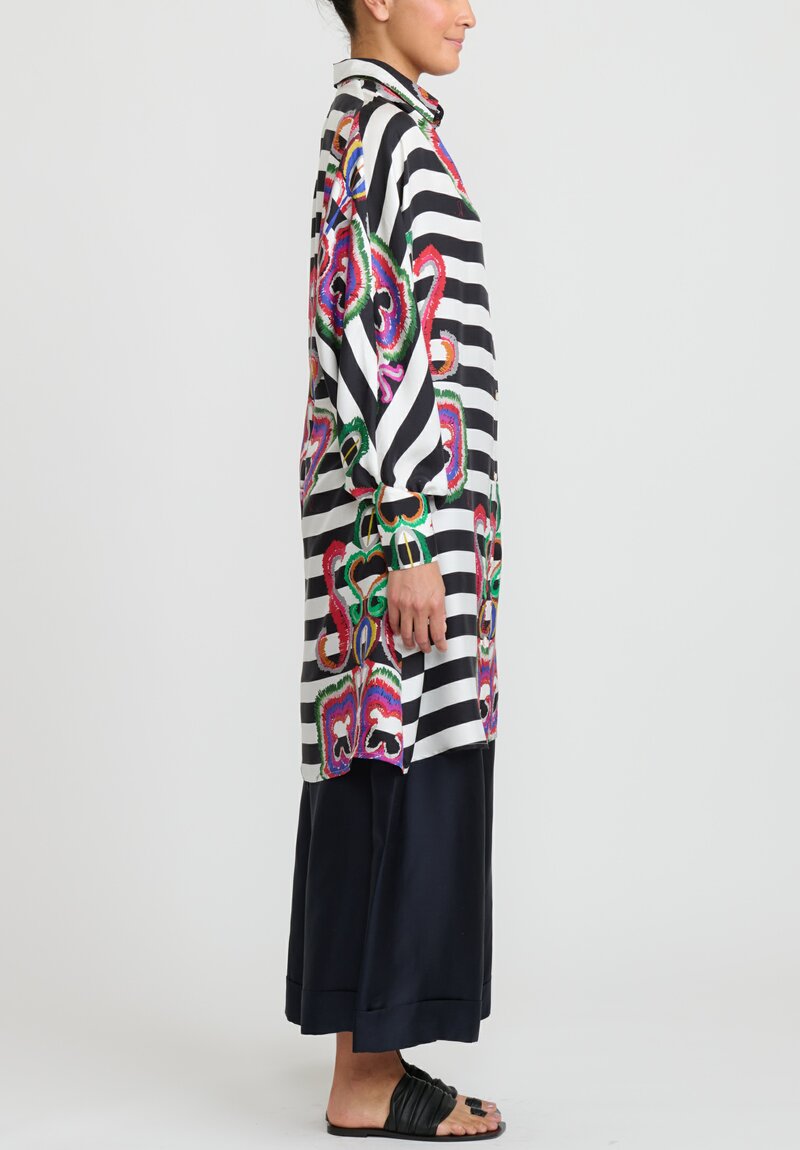 Rianna + Nina Washed Silk Greek ''Monica'' Shirt Dress in Rokoko Black Stripes	