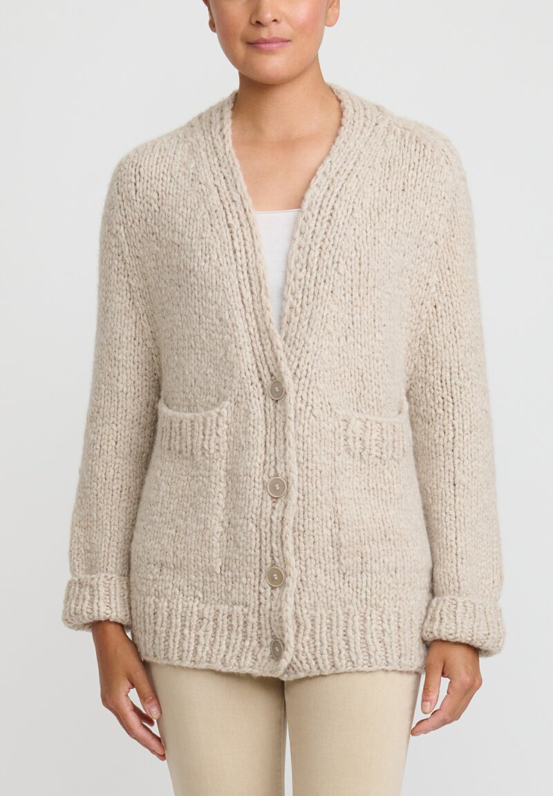 Wommelsdorff Hand Knit Luna Cashmere Silk Button Cardigan in Storm Grey & Sand	