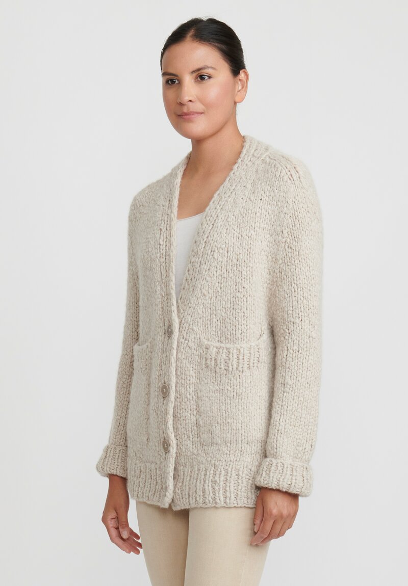 Wommelsdorff Hand Knit Luna Cashmere Silk Button Cardigan in Storm Grey & Sand	