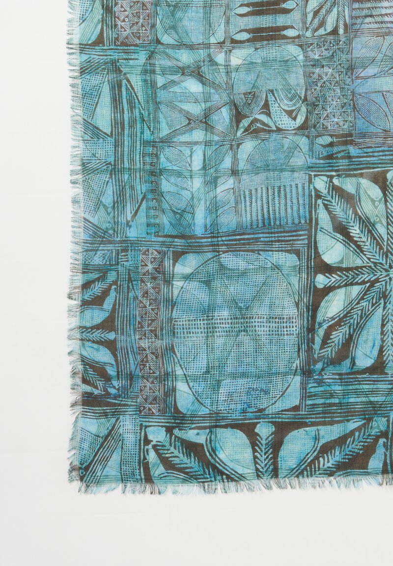 Alonpi Cashmere Square Printed Scarf in Botanical Brown & Aqua Blue	