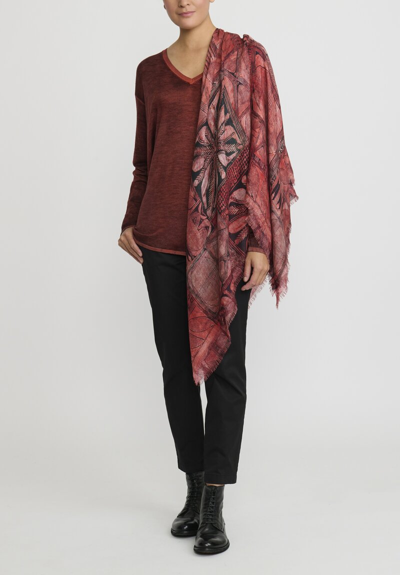 Alonpi Cashmere Square Printed Scarf in Botanical Brown & Red	