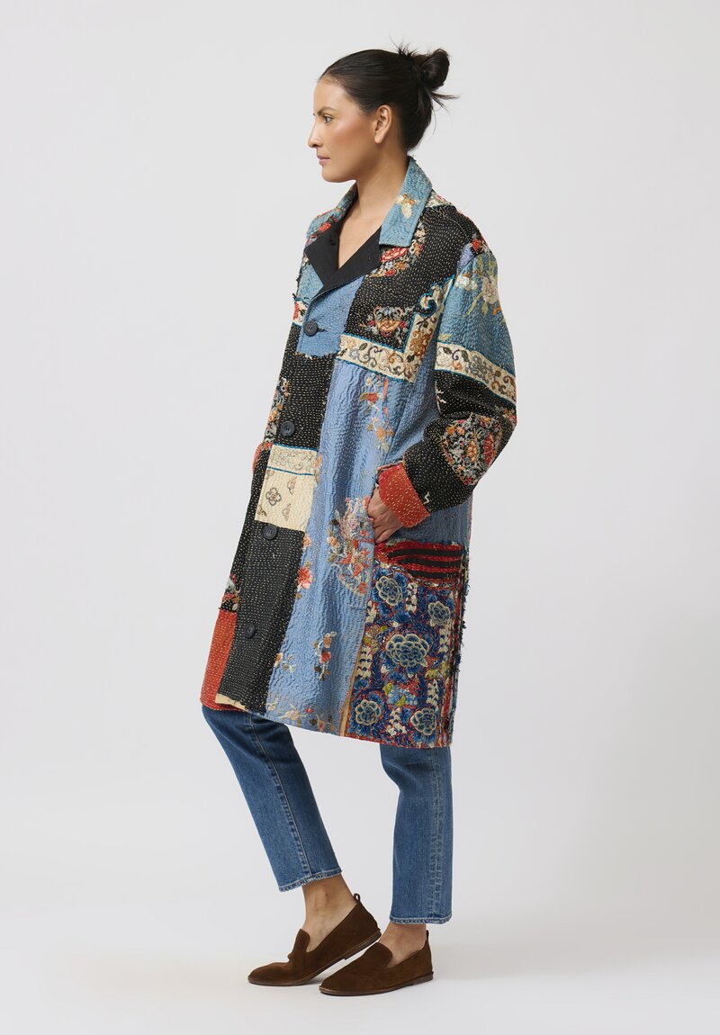 By Walid Antique Embroidered Chinese Silk Rufus Coat in Celeste Blue & Black	