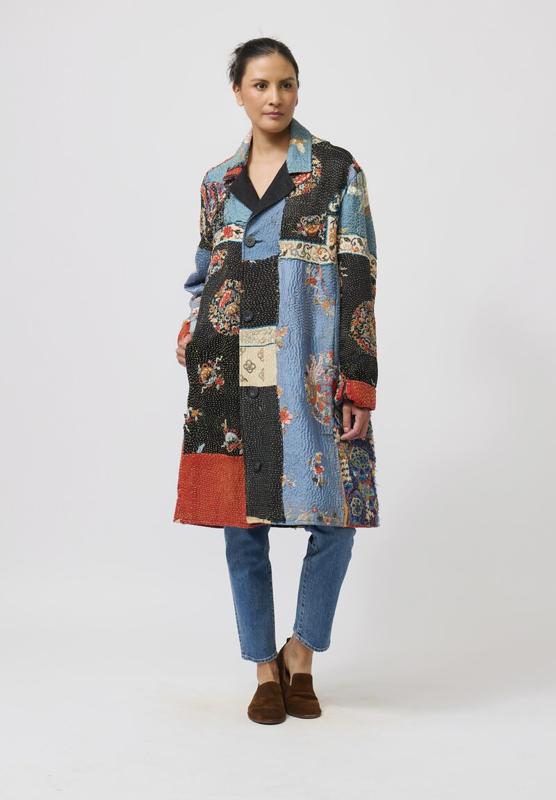 By Walid Antique Embroidered Chinese Silk Rufus Coat in Celeste Blue & Black	