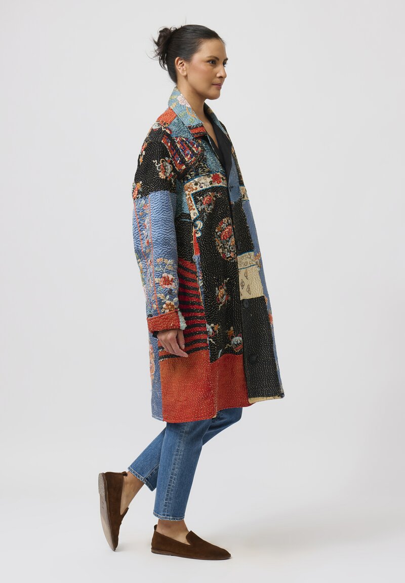 By Walid Antique Embroidered Chinese Silk Rufus Coat in Celeste Blue & Black	