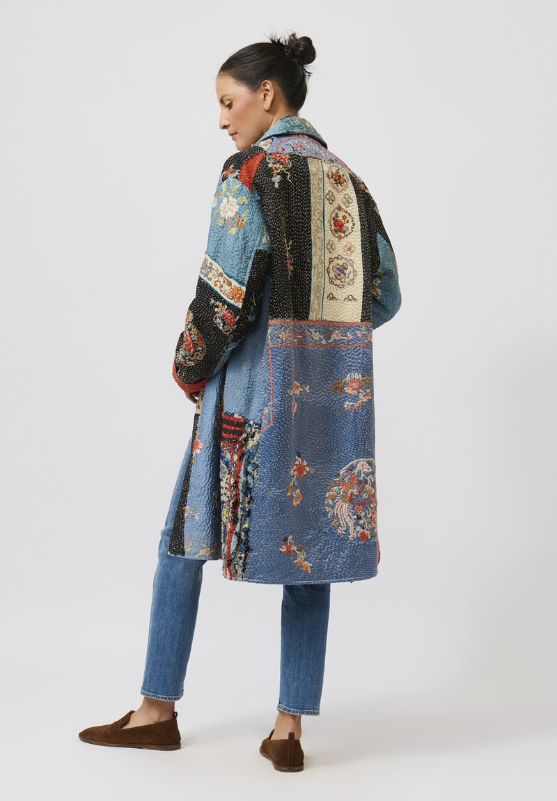 By Walid Antique Embroidered Chinese Silk Rufus Coat in Celeste Blue & Black	