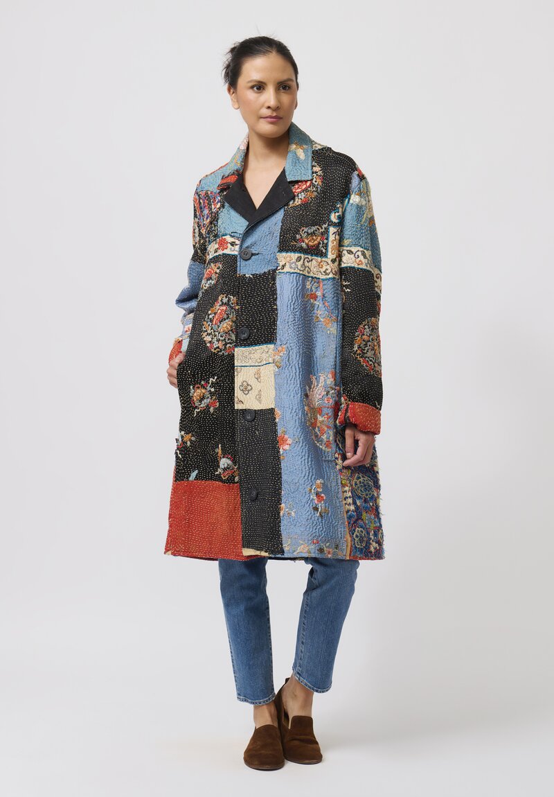 By Walid Antique Embroidered Chinese Silk Rufus Coat in Celeste Blue & Black	