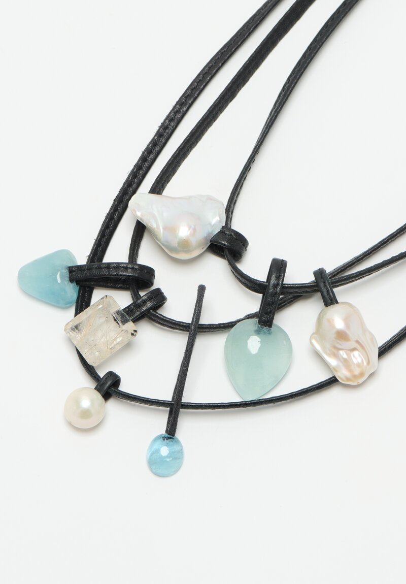 Monies Baroque Pearl, Aquamarine, Rutilated Quartz and Leather 3-Strand Necklace	