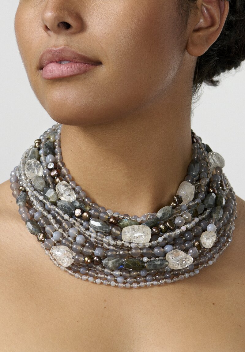 Monies Silver, Diamond Quartz, Agate, Pearl and Labradorite 26-Strand Necklace 17 in.	