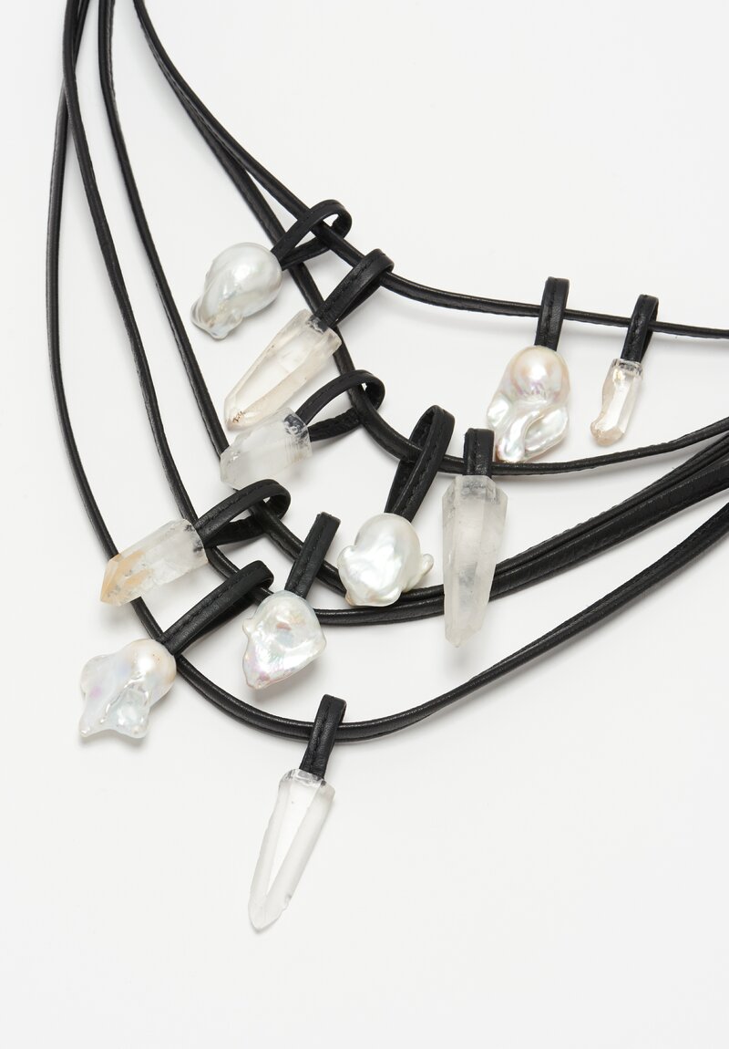 Monies 5 Strand Baroque Pearl, Mountain Quartz, Ebony and Leather Long Necklace 13 in	