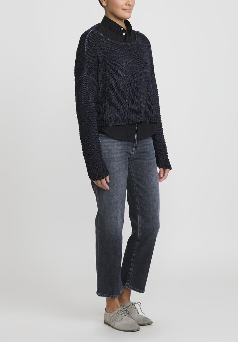 Umit Unal Hand-Knit Cotton Cropped Pullover Sweater in Navy Blue