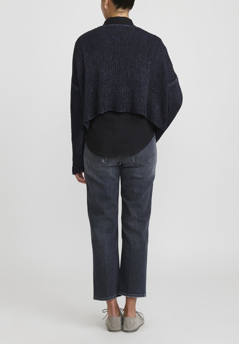 Umit Unal Hand-Knit Cotton Cropped Pullover Sweater in Navy Blue