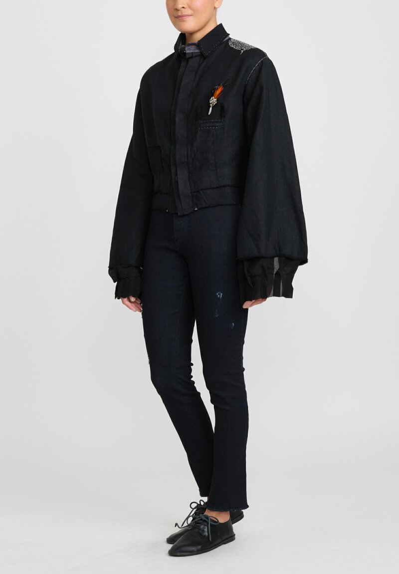 Umit Unal Linen Short Jacket with Feather in Black