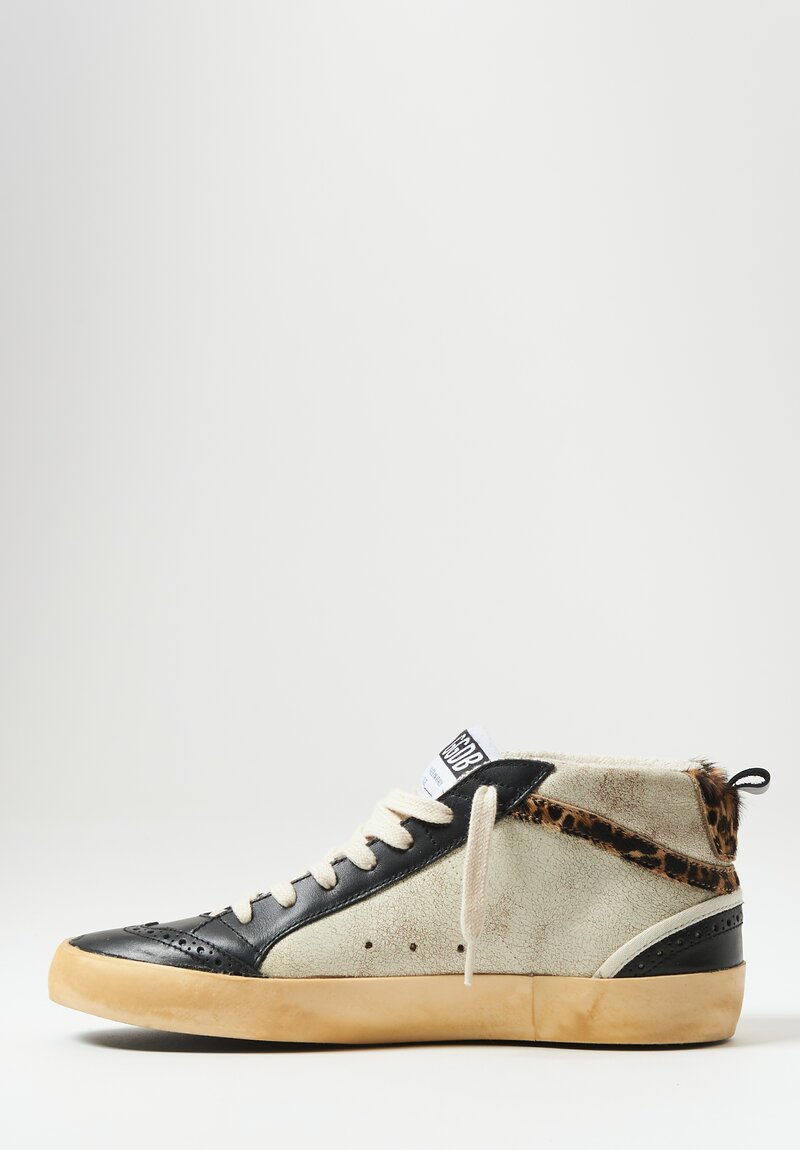 Golden Goose Leather & Cheetah Mid Star Classic Sneakers in Black, White & Cheetah	