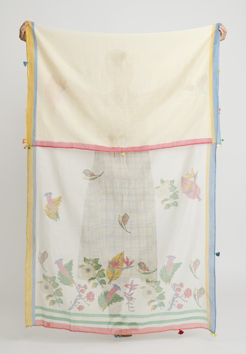 Injiri Silk & Cotton Floral Scarf in Ivory Multicolor	