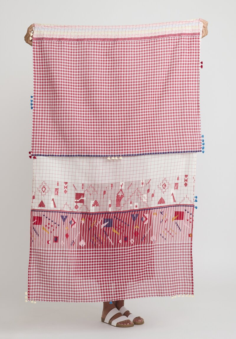 Injiri Cotton Gingham & Embroidered Scarf in Red & White	