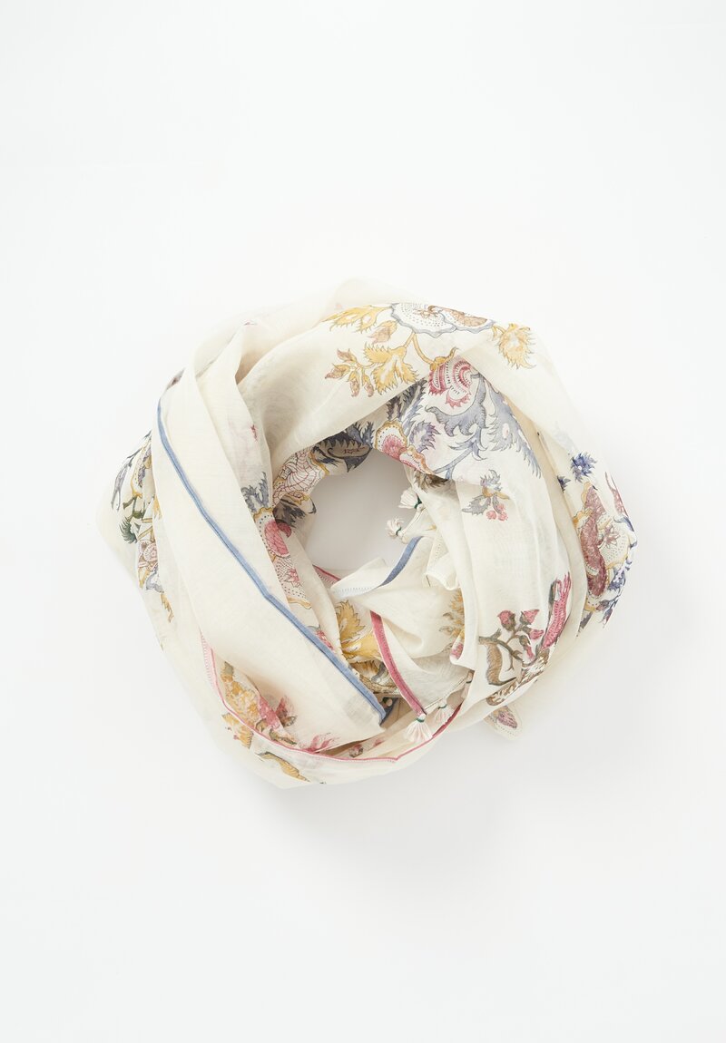 Injiri Silk and Cotton Botanical Scarf in Ivory Multicolor	