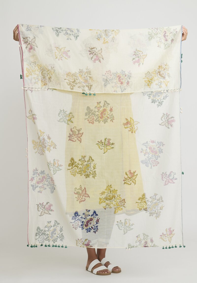 Injiri Silk and Cotton Botanical Scarf in Ivory Multicolor	