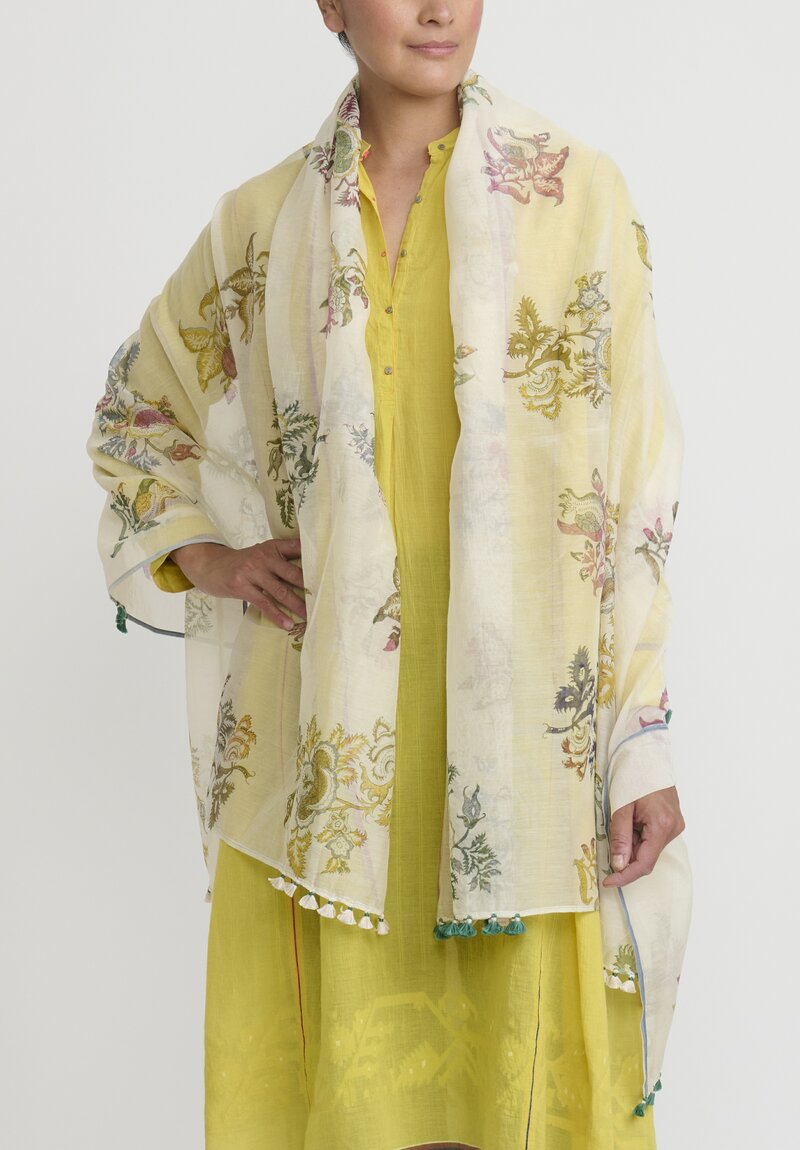Injiri Silk and Cotton Botanical Scarf in Ivory Multicolor	