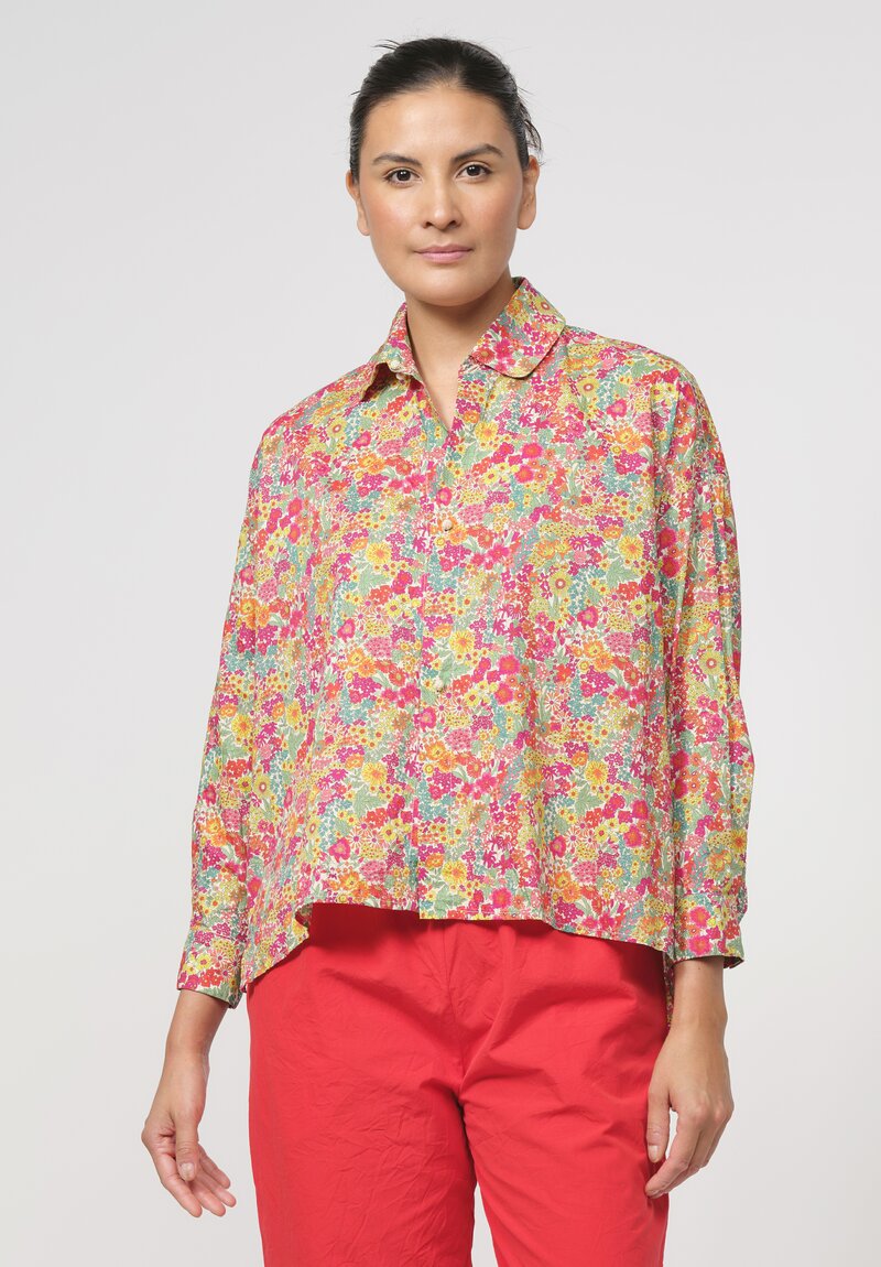 Daniela Gregis Washed Cotton Uomo Larga Corta Rosella Shirt in Red & Green Floral	