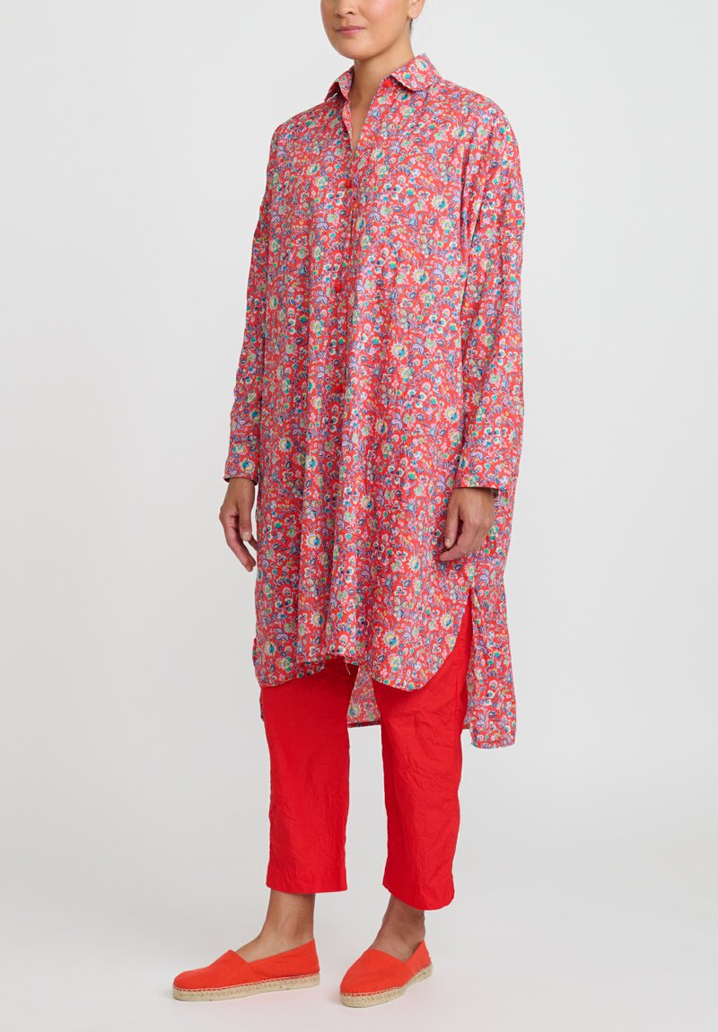 Daniela Gregis Washed Cotton Uomo Larghissima Rosella Lavata Shirt Dress in Red, Multi Floral	