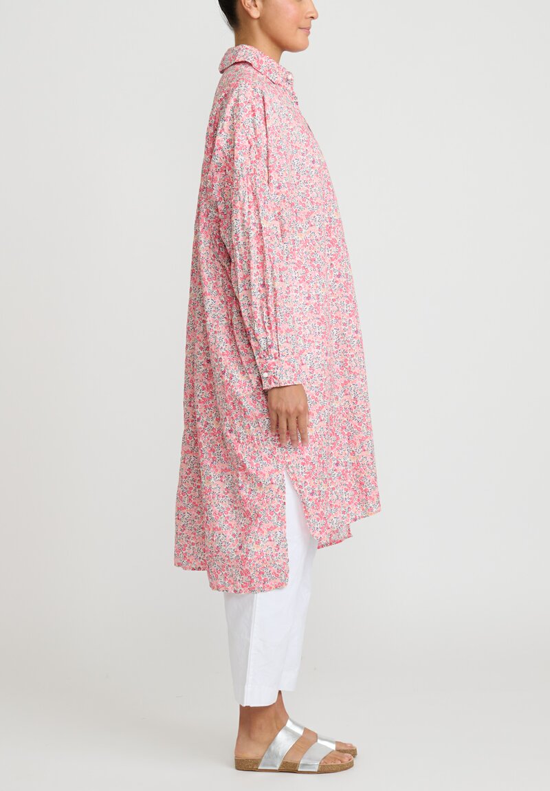 Daniela Gregis Washed Cotton Uomo Larghissima Rosella Lavata Shirt Dress in Pink & White Botanical	